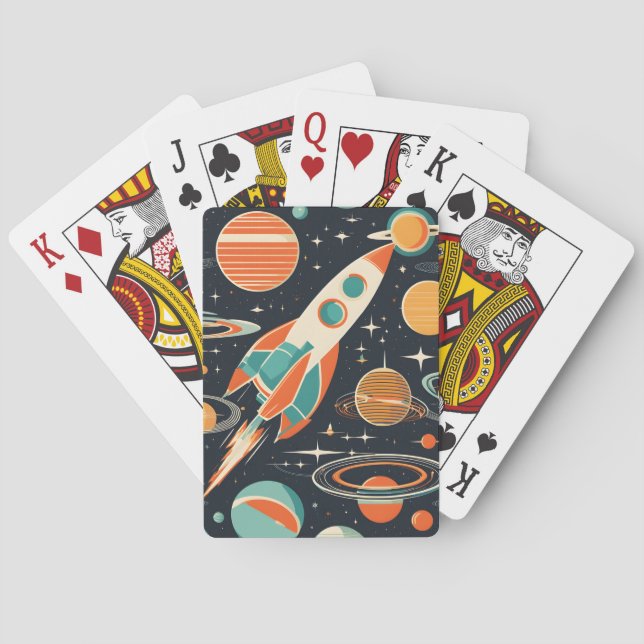 Mid Century Modern Retro Rocket and Planets Casinokort (Baksidan)