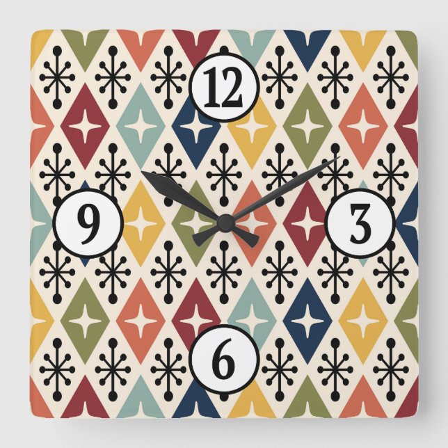 Mid Century Modern Retro Starburst Mönster Fyrkantig Klocka (Framsida)