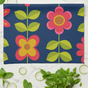 Mid Century Modern röda blommor med blad Kökshandduk