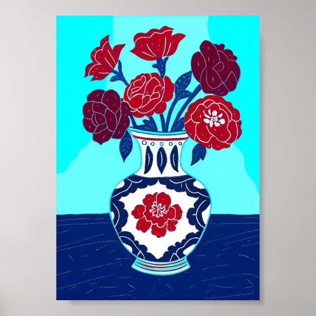 Mid-Century Modern röda peonior i Chinoiserie vas Poster (Framsidan)