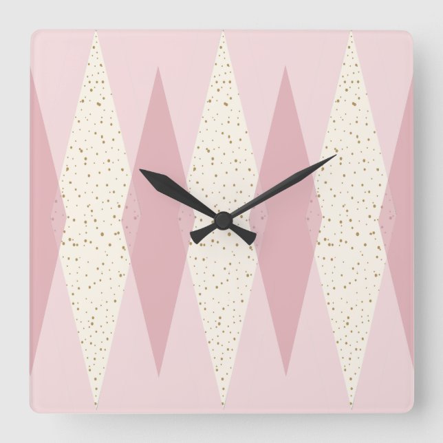 Mid Century Modern Rosa Argyle Square Wall Clock Fyrkantig Klocka (Framsida)