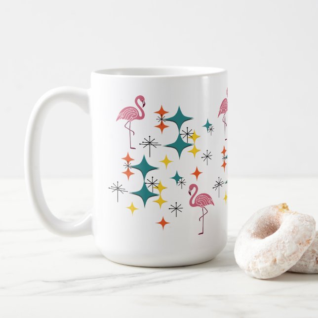 Mid Century Modern Rosa Flamingo Diamantstjärna Kaffemugg (Med munk)