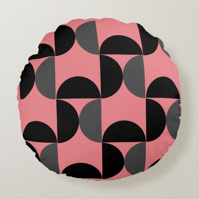 Mid-Century Modern Rosa svart och grått Rund Kudde (Framsidan)