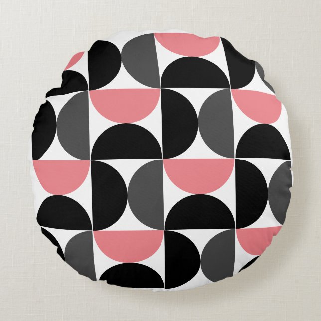 Mid-Century Modern Rosa Svart och Vitt   Rund Kudde (Framsidan)