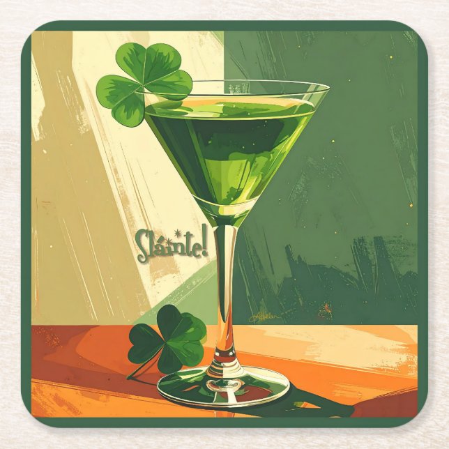 Mid Century Modern Shamrock Martini Sláinte!  Underlägg Papper Kvadrat (Framsidan)