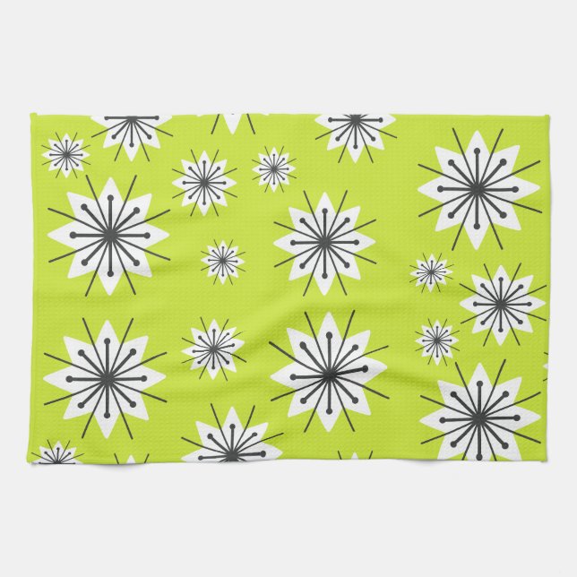 Mid Century Modern Snöflingor Chartreuse Kökshandduk (Horisontell)
