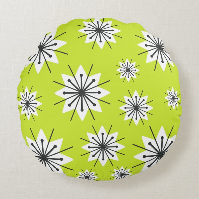 Mid Century Modern Snöflingor Chartreuse Rund Kudde (Framsidan)