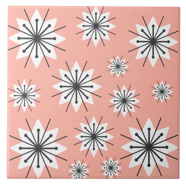 Mid Century Modern Snöflingor Peach Kakelplatta (Framsidan)