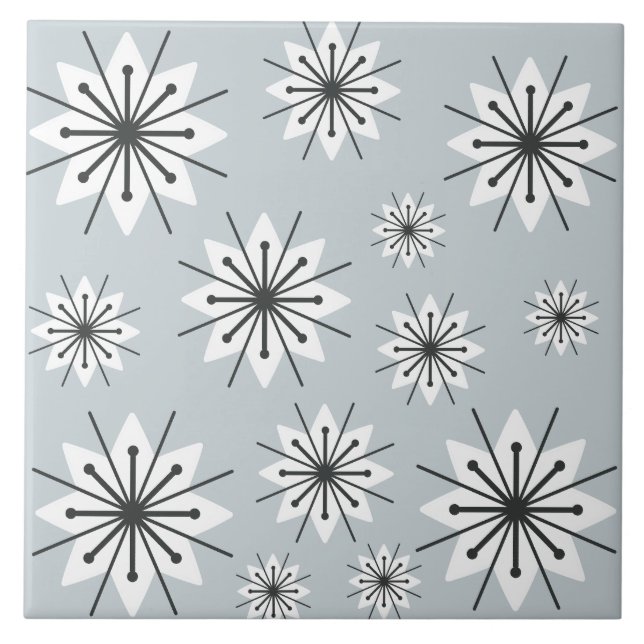Mid Century Modern Snöflingor Silver Kakelplatta (Framsidan)
