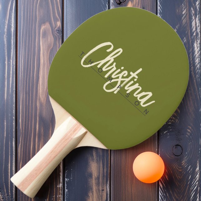 Mid-Century Modern Söt Olivolja Målade Namn Pingisracket (Skapare uppladdad)