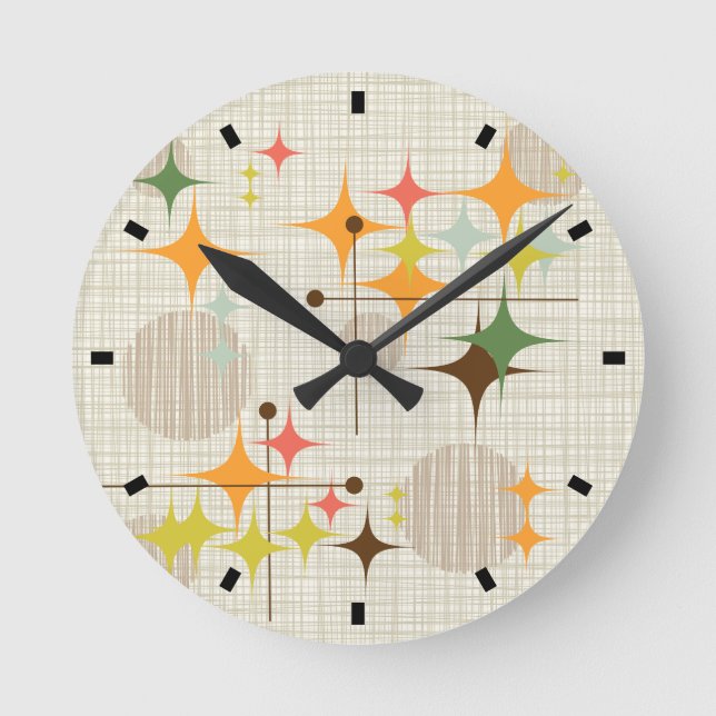 Mid Century Modern Stjärnburstar och Globbar Rund Klocka (Framsida)