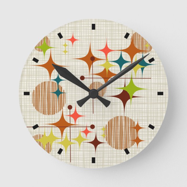 Mid Century Modern Stjärnburstar och Globbar Rund Klocka (Framsida)