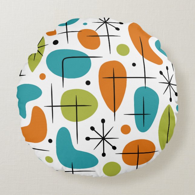 Mid Century Modern Stjärnburstmönster Rund Kudde (Framsidan)