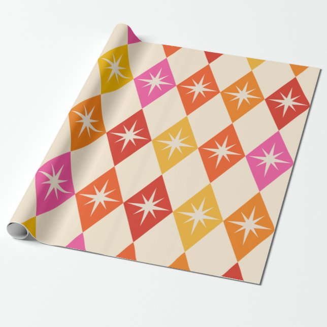 Mid Century Modern Stjärnexplosioner på Retro Ruto Presentpapper (Utrullad)