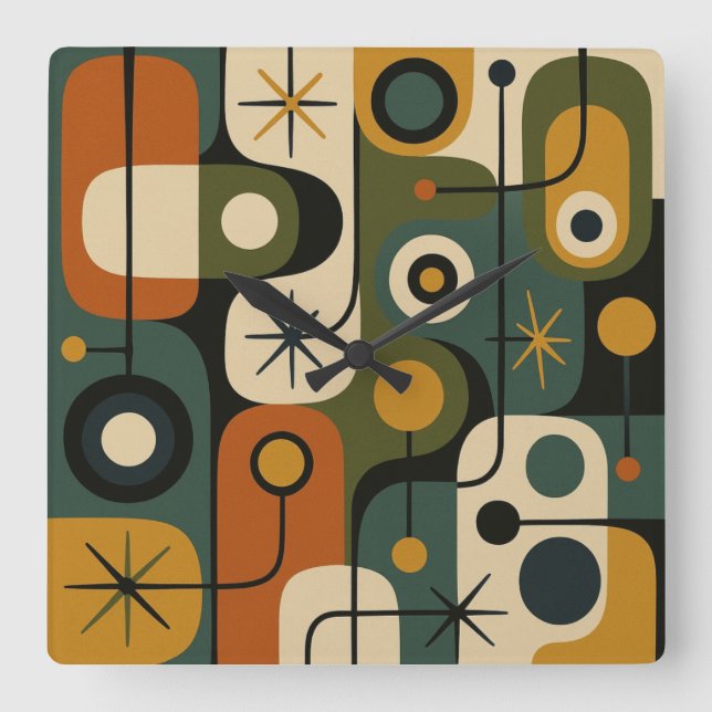 Mid Century Modern Stjärnknopp Mönster Fyrkantig Klocka (Framsida)