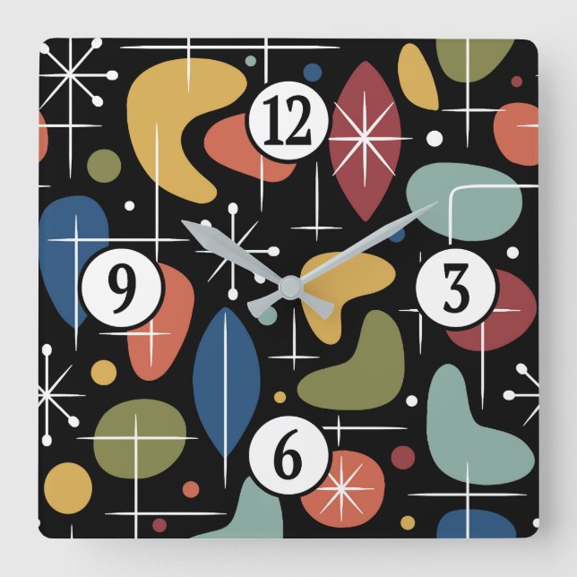 Mid Century Modern Stjärnknopp Mönster Fyrkantig Klocka (Framsida)