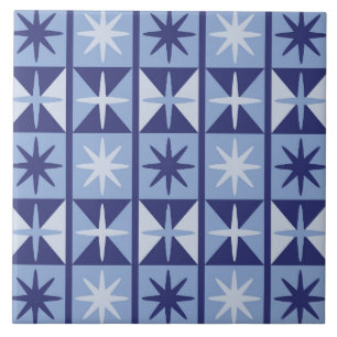 Mid Century Modern Stjärnknopp Mönster i Blått Kakelplatta