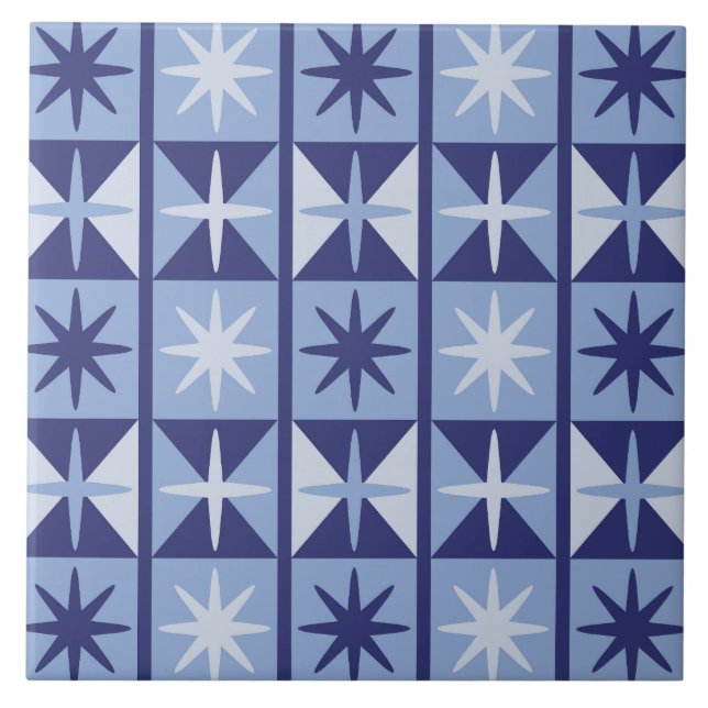Mid Century Modern Stjärnknopp Mönster i Blått Kakelplatta (Framsidan)