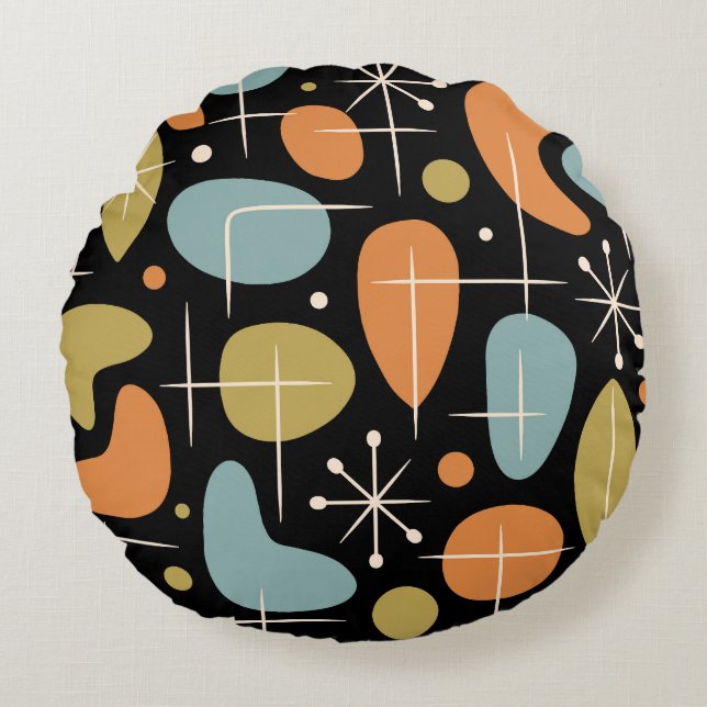 Mid Century Modern Stjärnknopp Mönster Rund Kudde (Framsidan)