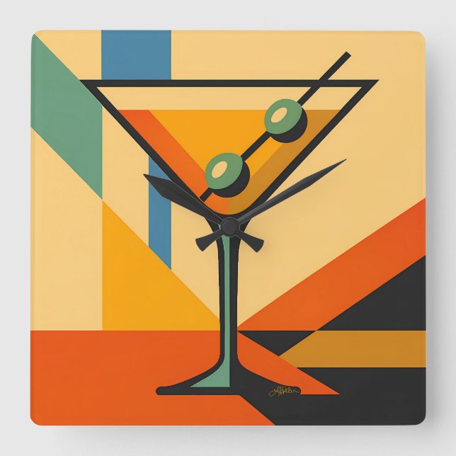 Mid Century Modern Sunrise Bauhaus Martini Fyrkantig Klocka (Framsida)