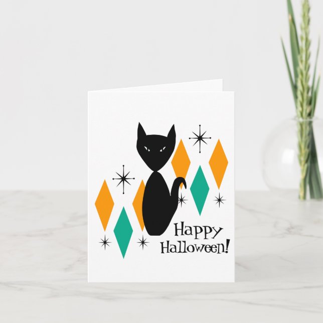 Mid Century Modern Svart Katt Gott Halloween Kort (Framsida)