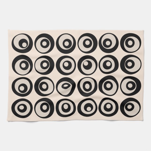 Mid Century Modern Svart Och Krämfärgade Cirklar M Kökshandduk (Horisontell)