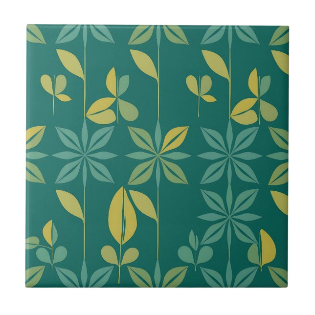 Mid-Century Modern Teal Botanical Geometric Leaf Kakelplatta (Framsidan)