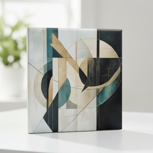Mid-Century Modern Teal Guld Linjär Geometrisk Kakelplatta (Skapare uppladdad)