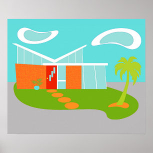 Mid Century Modern Tecknad House Poster