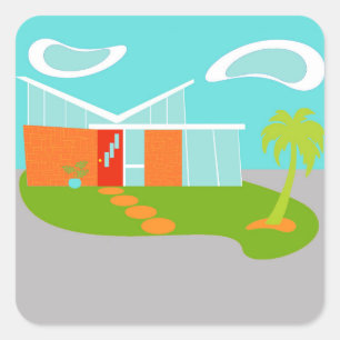Mid Century Modern Tecknad House Stickers Fyrkantigt Klistermärke