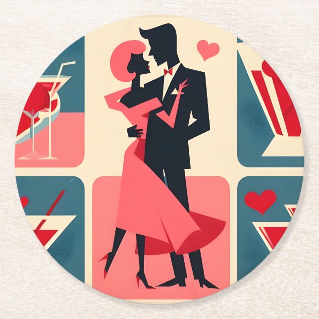 Mid Century Modern Valentine Dancing lite Underlägg Papper Rund (Framsidan)
