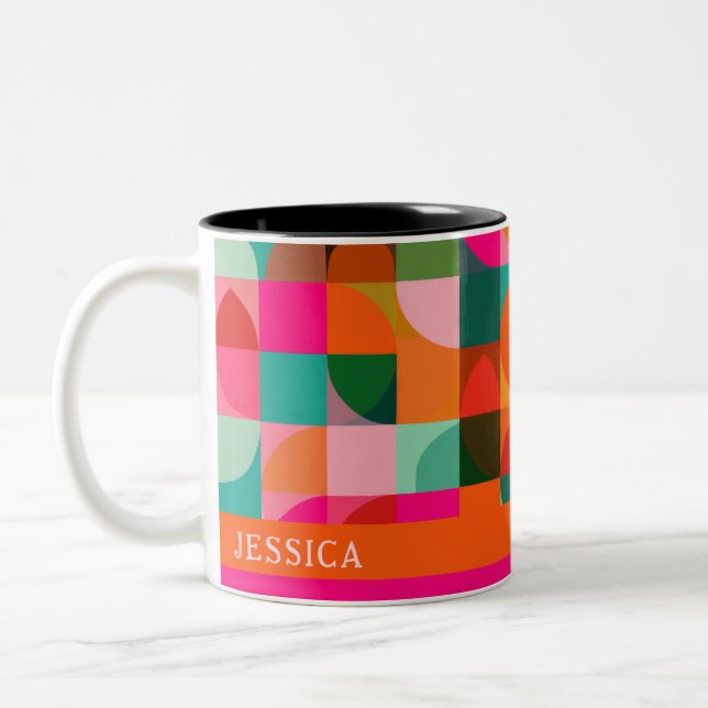 Mid Century Modern Vibrant Geometric Mönster Namn Två-Tonad Mugg (Vänster)