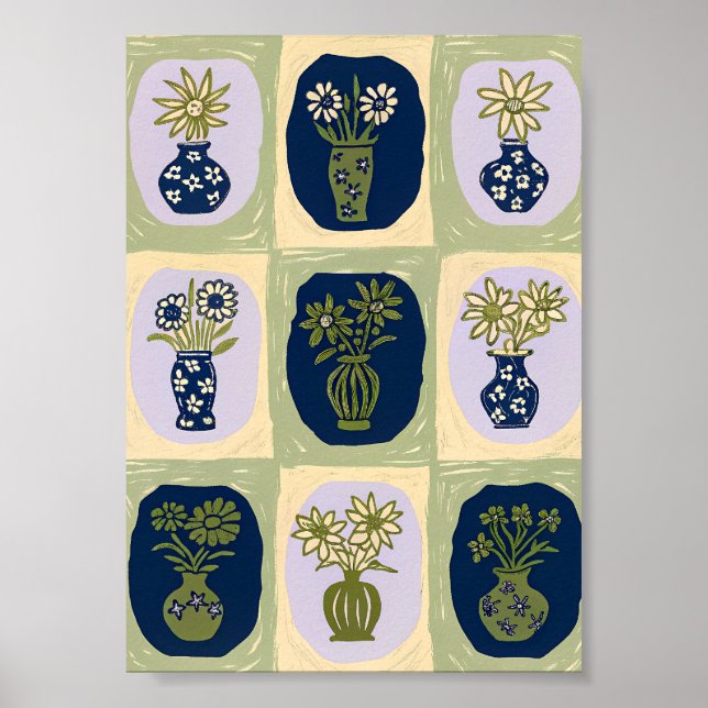 Mid-Century Modern Vildblomsvas Grid Konst Affisch (Framsidan)