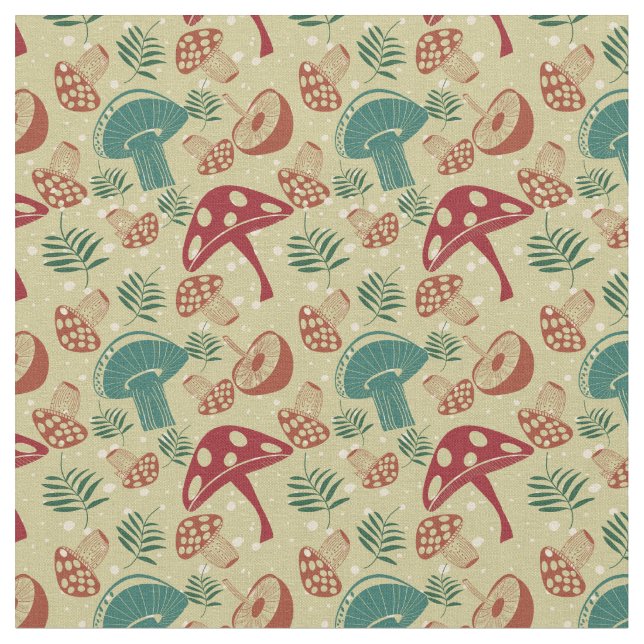 Mid Century Mushroom Grönt Mönster Tyg (Närbild)