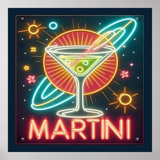 Mid Century Neon Martini-tecken Poster (Framsidan)