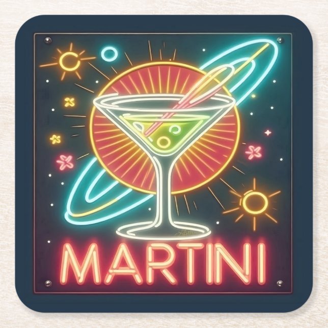 Mid Century Neon Martini-tecken Underlägg Papper Kvadrat (Framsidan)