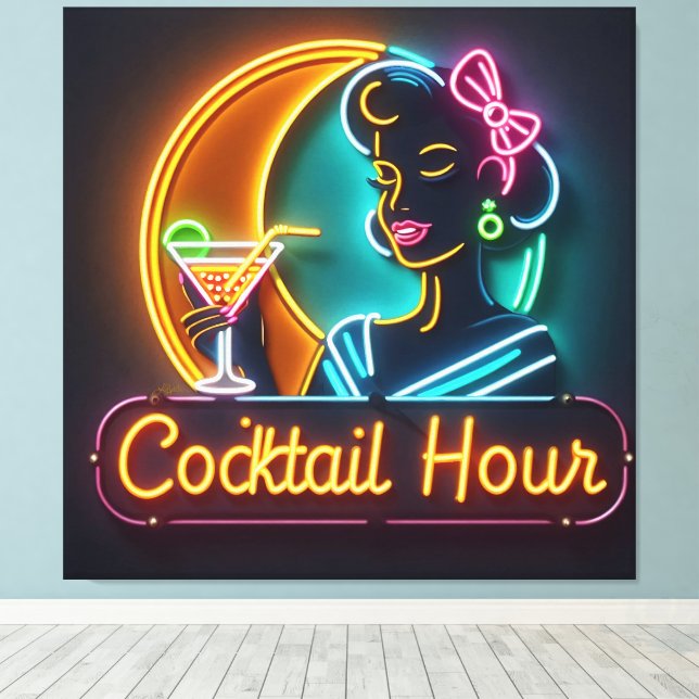 Mid Century Neon Sign Cocktail Hour Woman Canvastryck (Insitu (trägolv))
