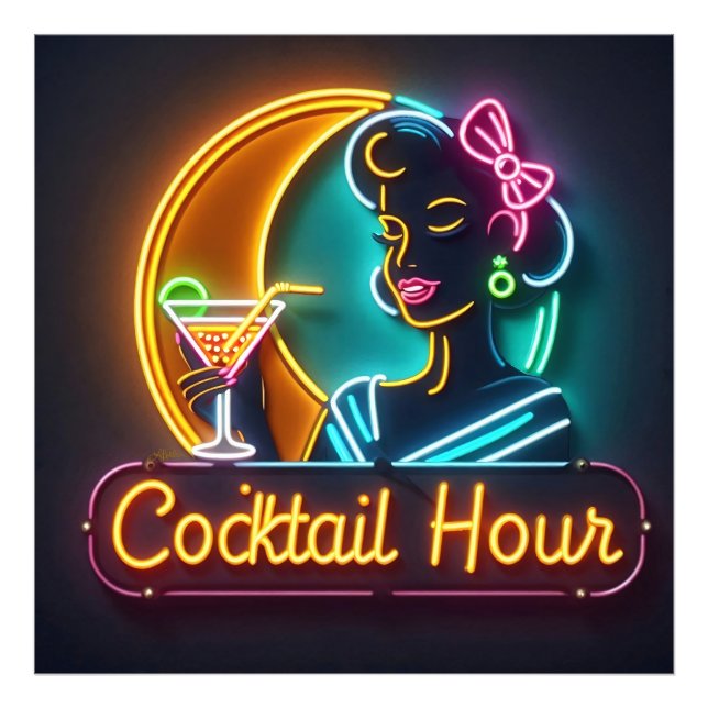 Mid Century Neon Sign Cocktail Hour Woman Fototryck (Framsidan)