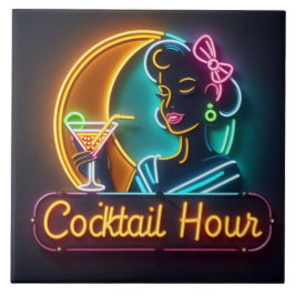 Mid Century Neon Sign Cocktail Hour Woman Kakelplatta