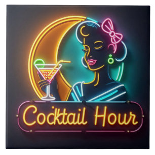 Mid Century Neon Sign Cocktail Hour Woman Kakelplatta