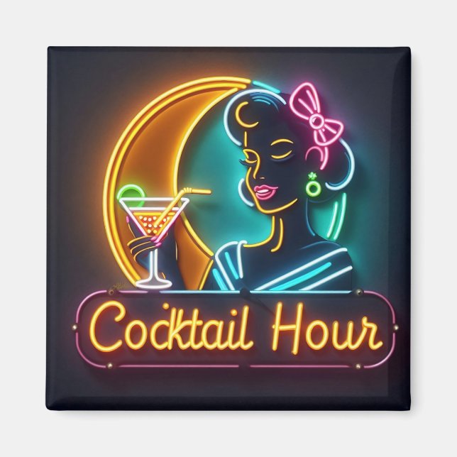 Mid Century Neon Sign Cocktail Hour Woman Magnet (Framsidan)