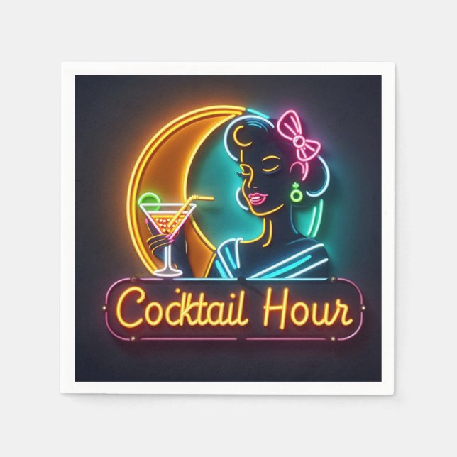Mid Century Neon Sign Cocktail Hour Woman Pappersservett (Framsidan)