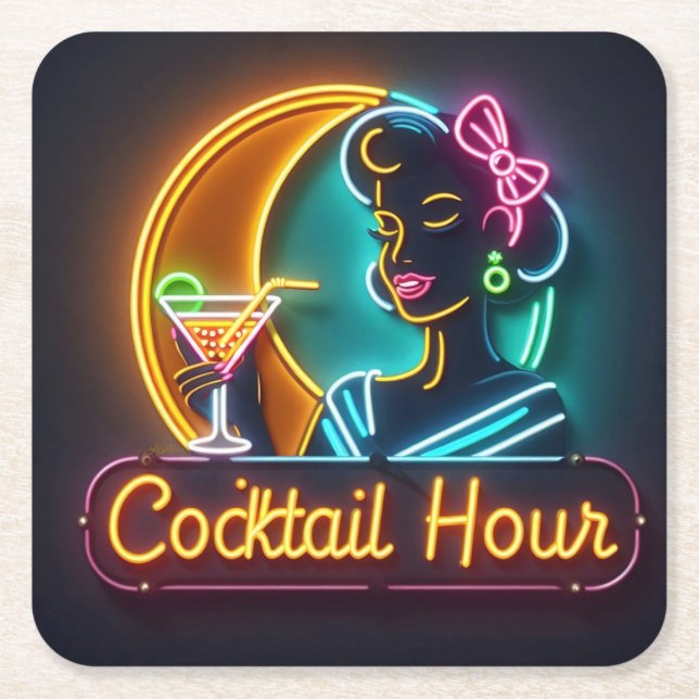 Mid Century Neon Sign Cocktail Hour Woman Underlägg Papper Kvadrat (Framsidan)