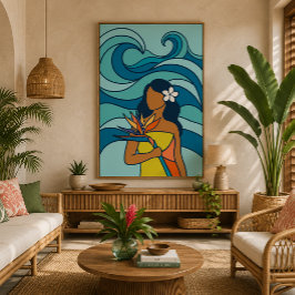 Mid century Ocean Wave Bird of Paradise Wahine Canvastryck