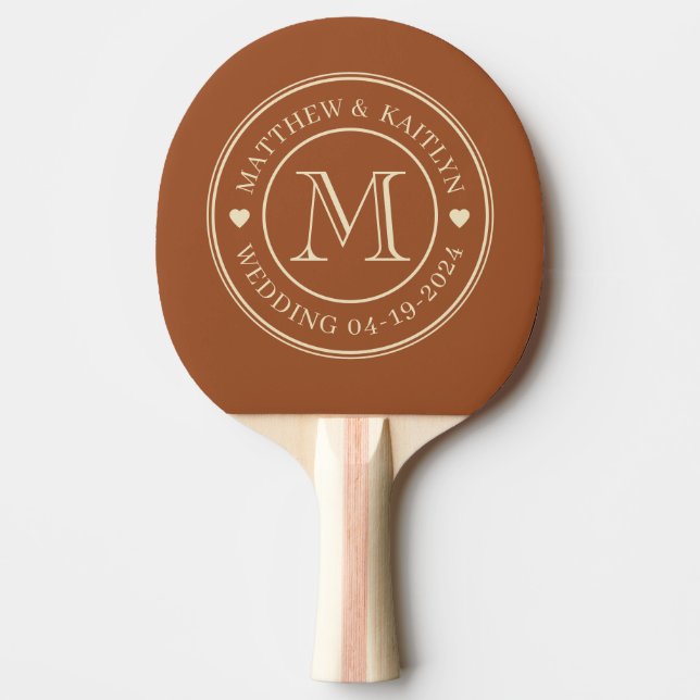 Mid-Century Öken Sol Bröllops Monogram Hjärtat Pingisracket (Framsidan)