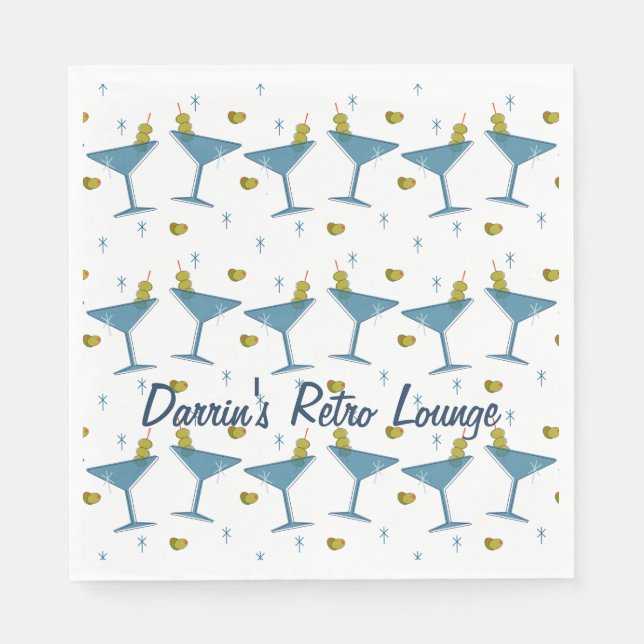 Mid-Century Olive och Blue Martini Party Napkin Pappersservett (Framsidan)