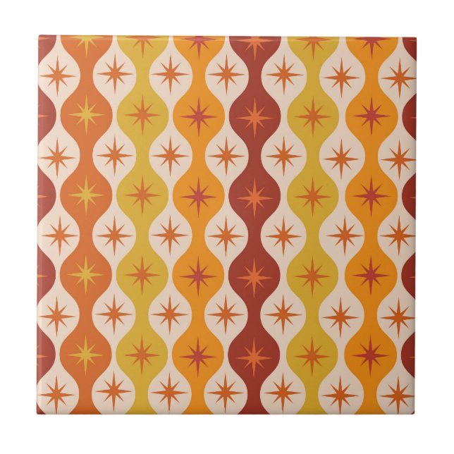 Mid Century Orange Mod Stjärnor på ogee-mönster   Kakelplatta (Framsidan)