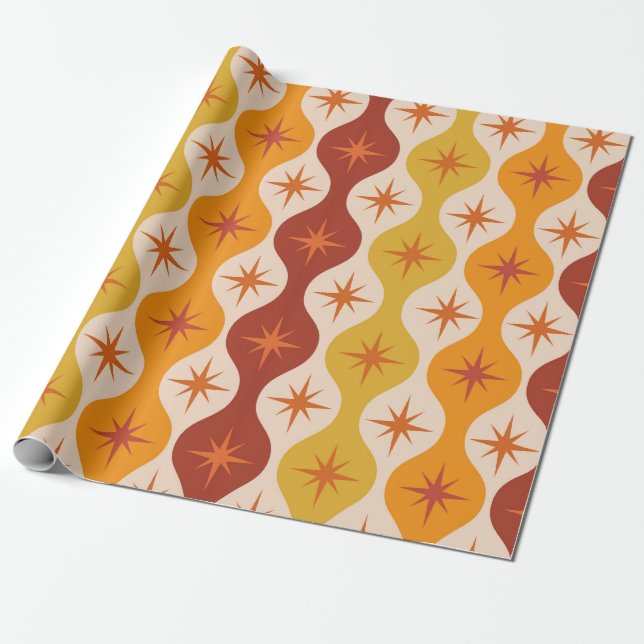 Mid Century Orange Mod Stjärnor på ogee-mönster  Presentpapper (Utrullad)