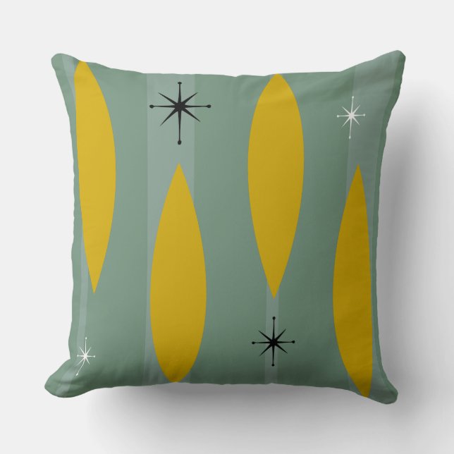 Mid Century Ovalers Starbursts Rand, Guld på Teal Kudde (Framsida)