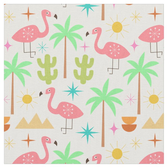 Mid Century Palm Springs Flamingo med Träd Tyg (Närbild)